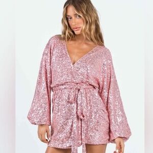 Princess Polly Pink Sequin Mini Dress Long Balloon Sleeve Wrap V-Neck Size 4